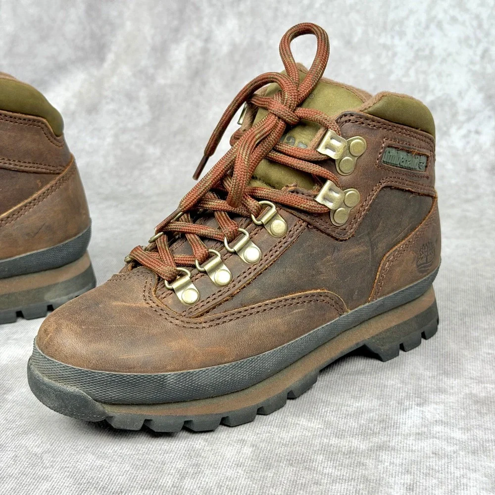 Timberland Euro Hiker Brown Leather Olive Green Boots Size 5M Women's Kids